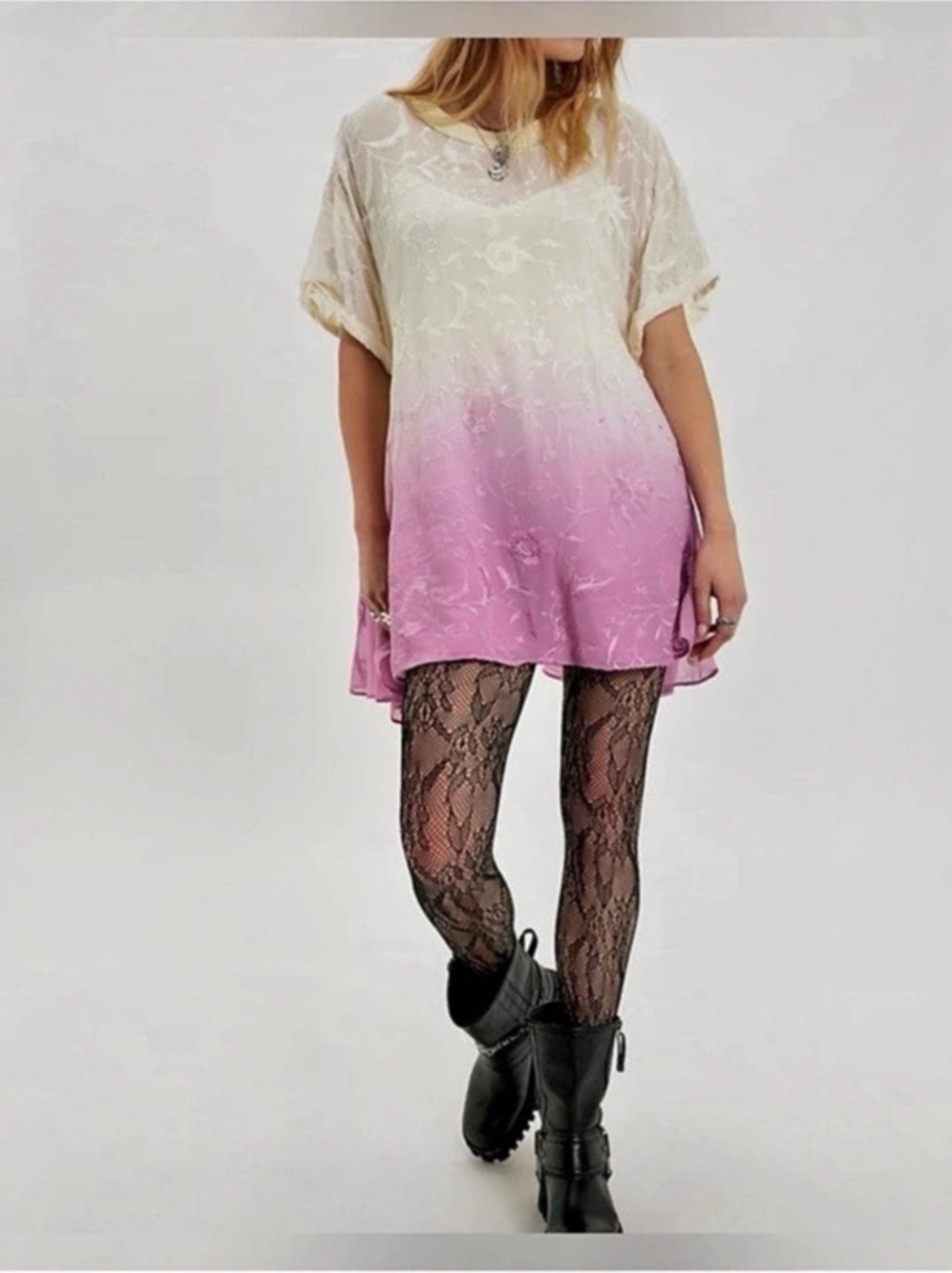 Free People Petal Dusk T-Shirt Mini Dress large NWT Ivory Pink Ombré Embroidery